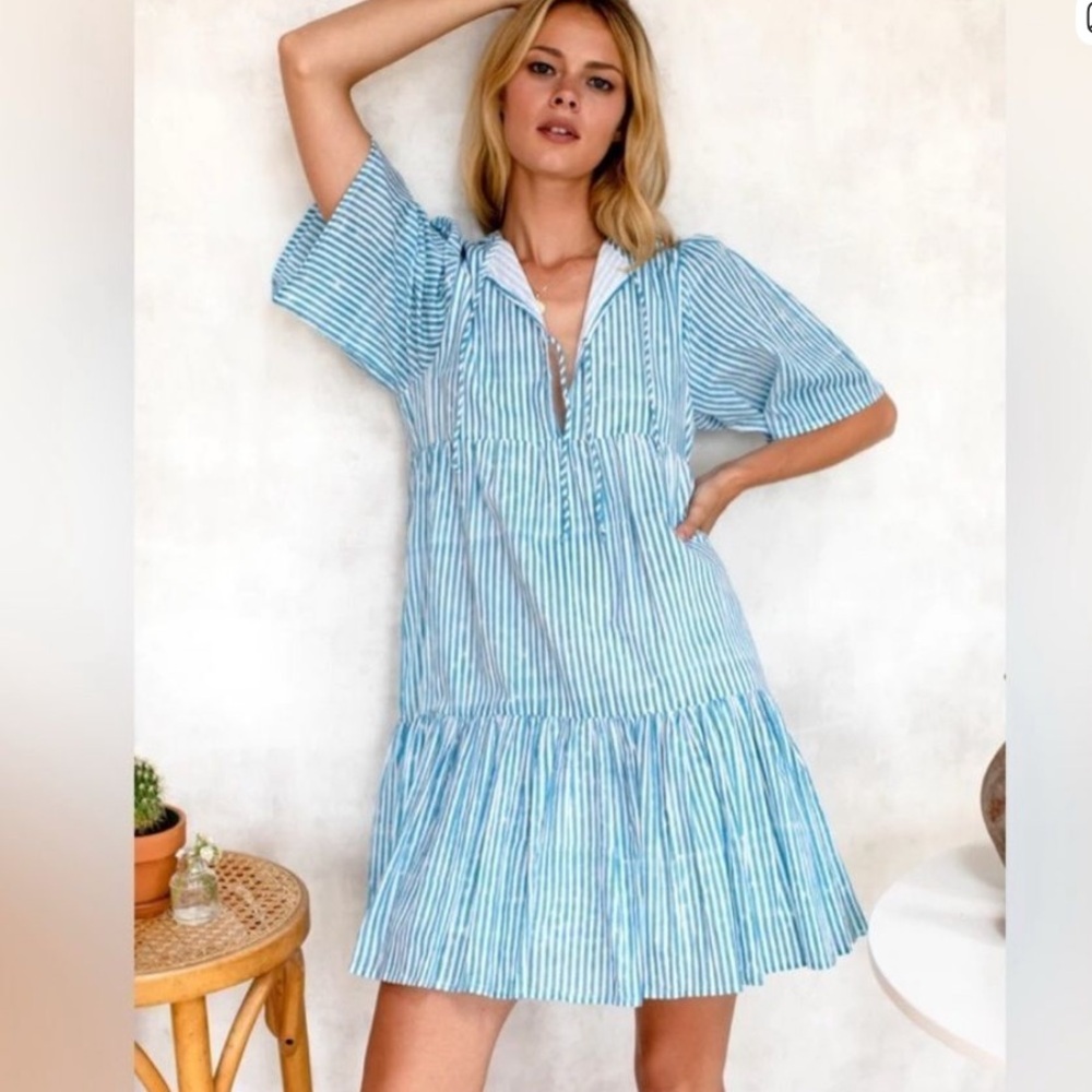 EMERSON FRY INDIAN COLLECTION ISLA DRESS STRIPED BLUE ORGANIC COTTON M/L